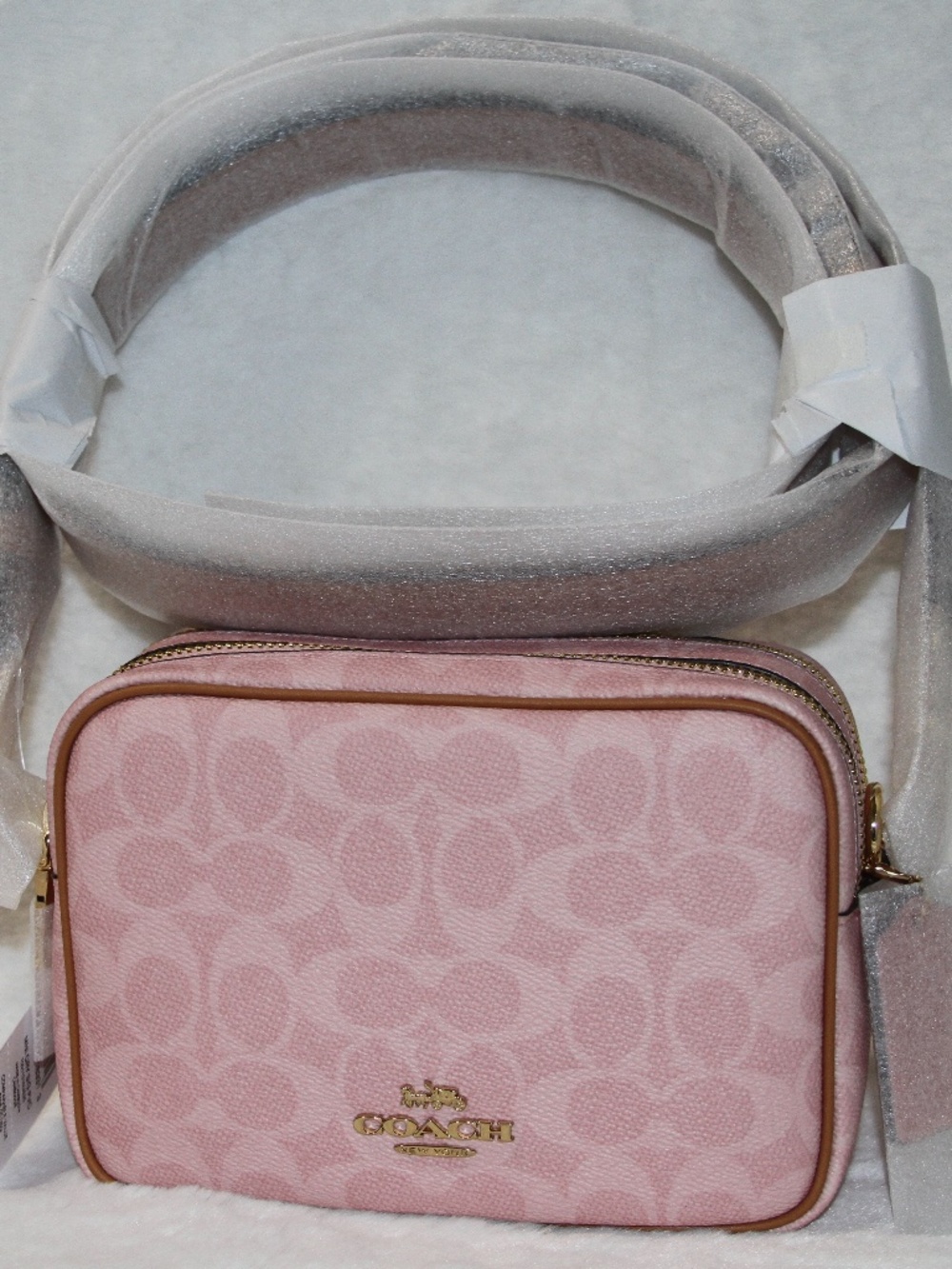 NWT Coach Mini Carey Crossbody Bag In Signature Canvas Charms Powder Pink